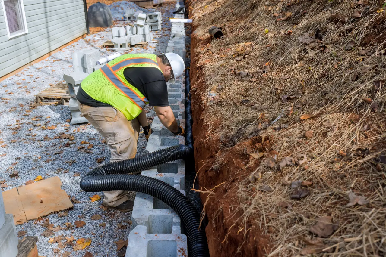 Drain pipe installed behind a retaining wall in New Jersey