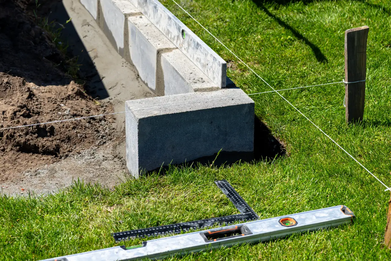 Marking out block foundations for a terraced retaining wall in New Jersey